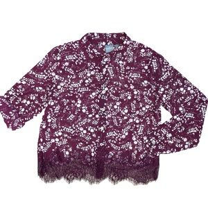 Soho by NY&C Button Down Roll Tab Sleeve Sheer Blouse Floral Medium Lightweight